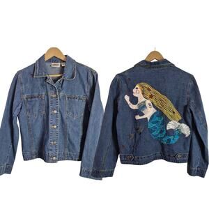 Chico's Blue Denim Jacket Mermaid Fairy Lady Embroidered Beaded Bling Vintage S